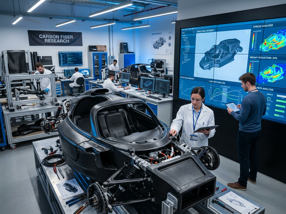 Automotive engineering laboratory with glowing displays
