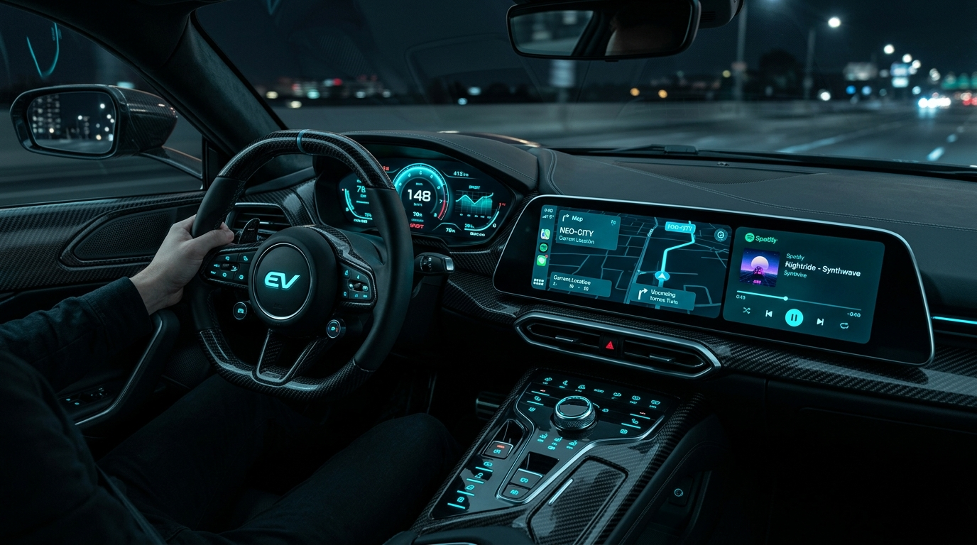 Futuristic automotive dashboard cockpit with illuminated dials