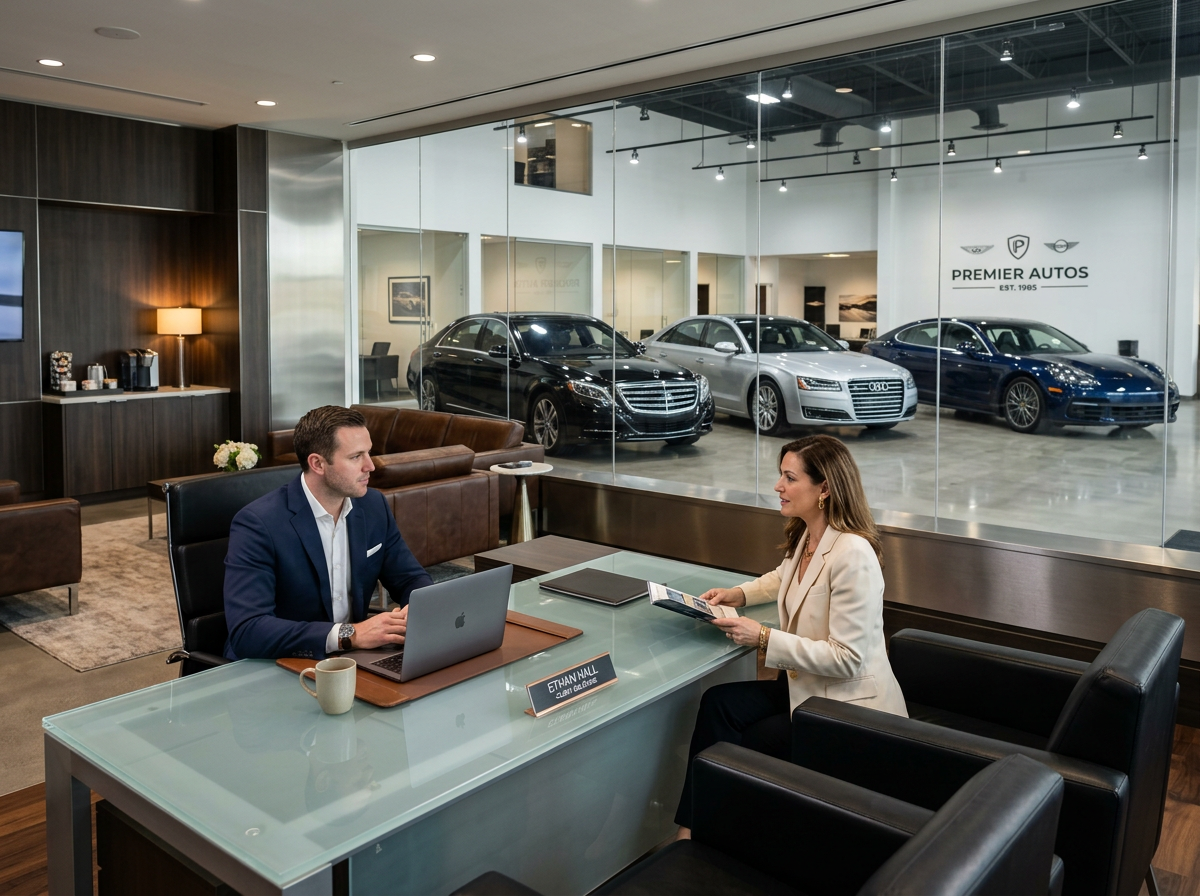 Executive luxury dealership lounge with car display
