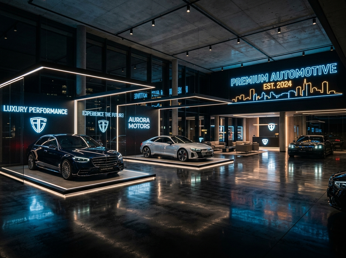 Modern luxury dealership showroom interior at night
