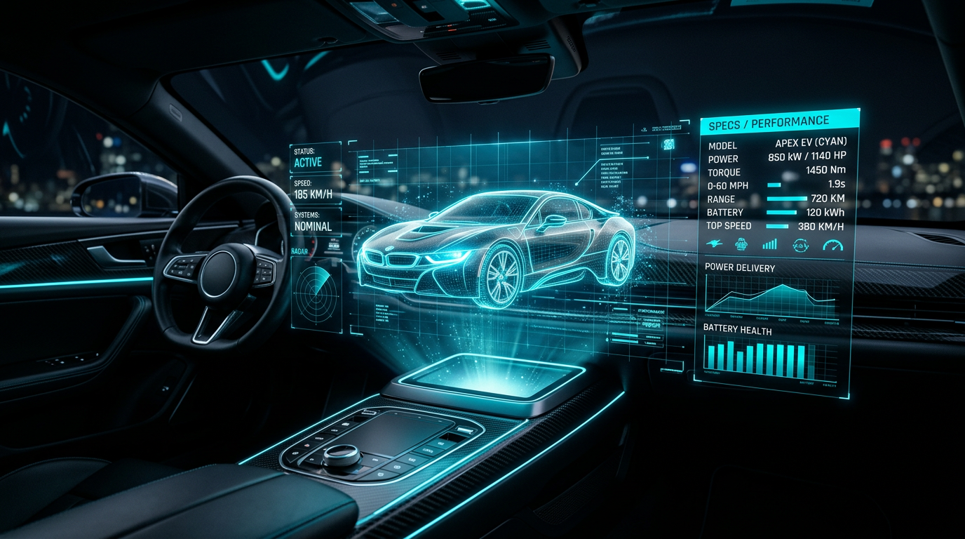 Futuristic automotive digital display showing vehicle specifications