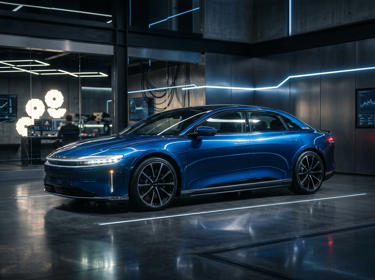 Sleek metallic blue luxury electric sedan