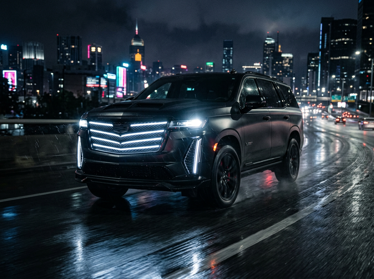 Dark luxury SUV on wet asphalt